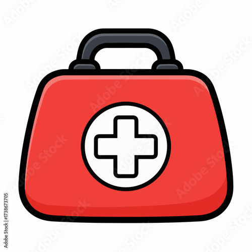 A red first aid kit with a white cross symbol on a white circle, representing medical supplies and emergency care.