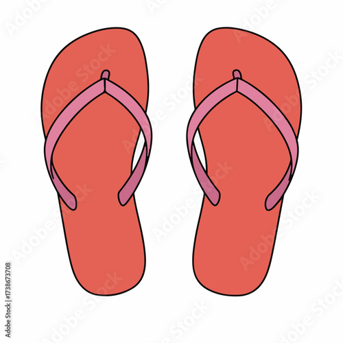 A pair of coral-colored flip-flops with pink straps, presented from a top-down perspective.