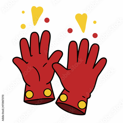 A pair of bright red cartoon gloves with yellow accents and sparkling effects.