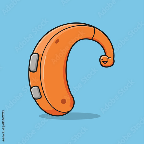 A cute, cartoonish orange hearing aid with a smiling face on a light blue background.