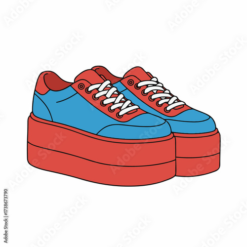 A pair of vibrant blue and red platform sneakers with thick red soles and white laces, presented in a clean, isolated illustration.