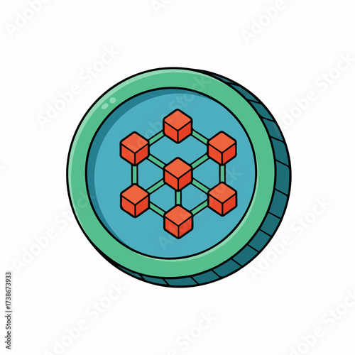 A stylized digital coin featuring a network of interconnected cubes, representing blockchain or distributed ledger technology.