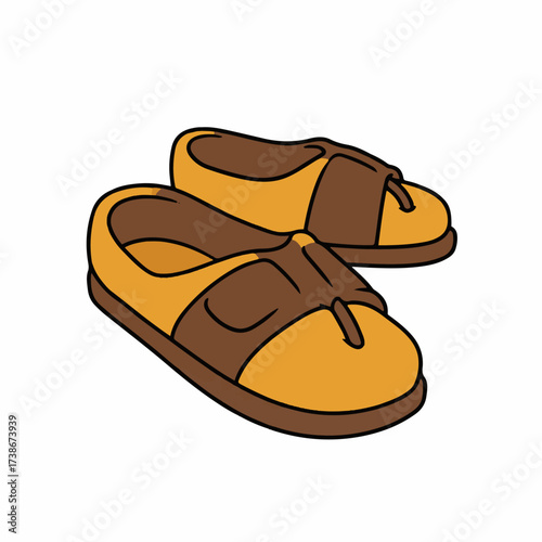 A pair of brown and yellow sandals with a thong strap design.
