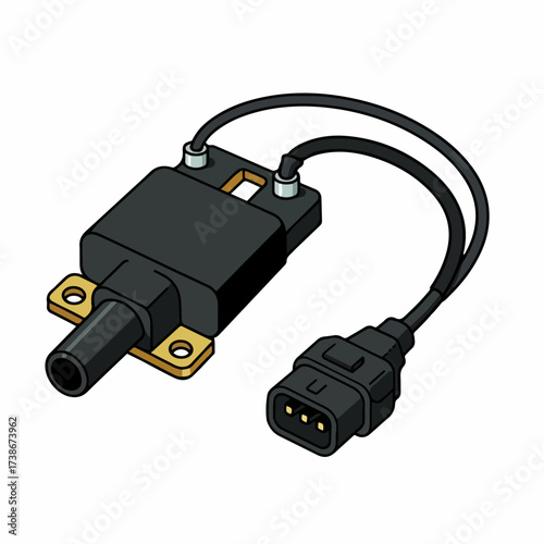 A black ignition coil with two wires and a black connector, mounted on a gold bracket.