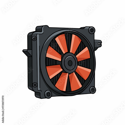 A stylized illustration of a computer cooling fan and radiator assembly, featuring a black frame and vibrant orange fan blades.