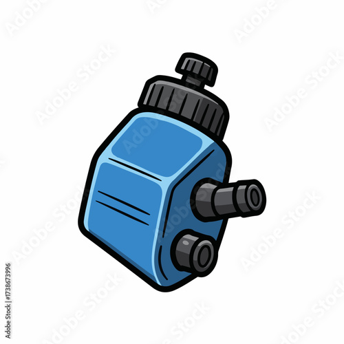 A blue plastic reservoir with two black nozzles and a black cap, isolated on a white background.