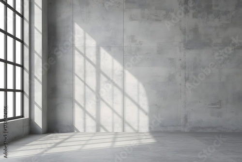 Neutral industrial interior background with gray concrete wall and shadow from window light.