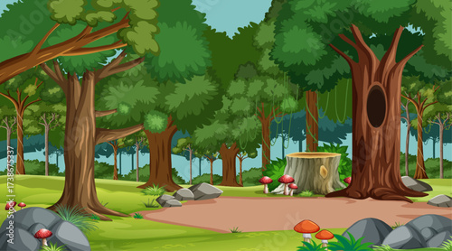 Forest scene with various forest trees
