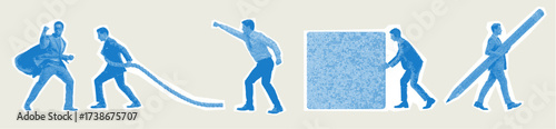 Trendy halftone business people stickers. Business workers in different poses