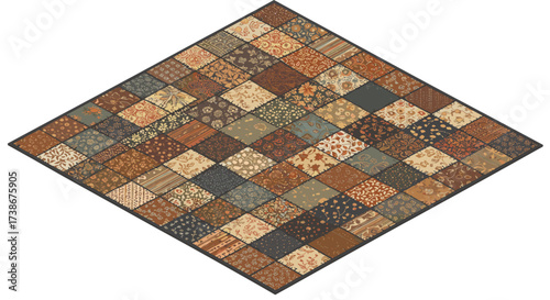 Vintage patchwork quilt pattern with floral and geometric designs in earth tones