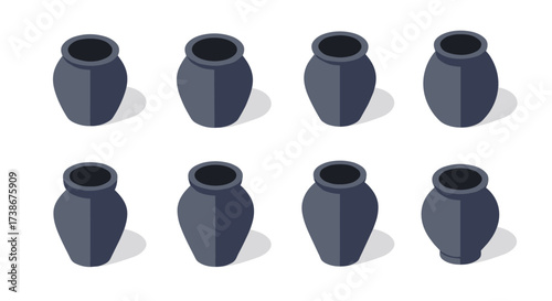 Eight ceramic vases in isometric arrangement on white background