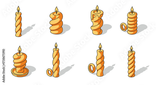 Isometric spiral candles with flames and shadows in various designs and stands