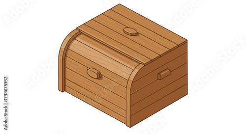 Isometric wooden chest with lid and decorative panels for game design