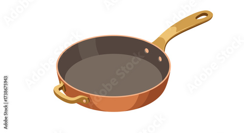 Stylish copper frying pan with wooden handle on white background