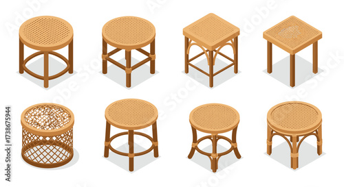 Stylish wooden stools collection in isometric design