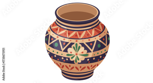 Colorful patterned clay pot with geometric design