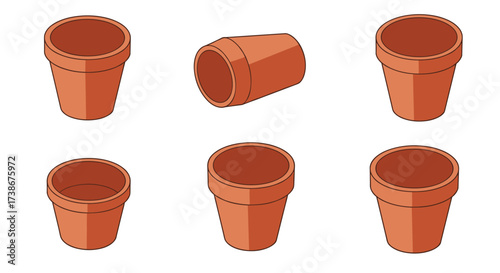 Set of terracotta plant pots in isometric style on white background