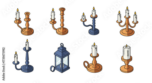 Elegant candle holders and lantern collection in isometric style for home decor