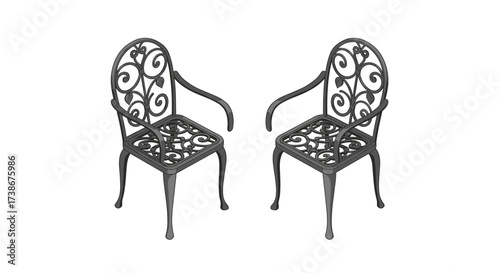 Elegant iron chairs with ornate patterns in black and white isometric design