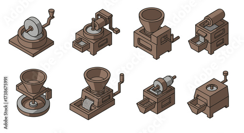 Retro isometric coffee grinder set in brown tones with hand crank detail