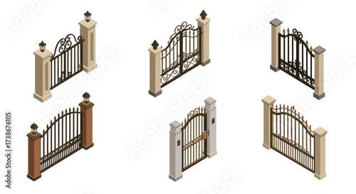Elegant isometric iron gates collection with ornate designs and stone pillars