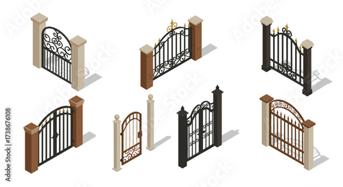 Elegant isometric iron gates collection with decorative elements and stone pillars