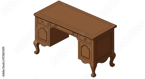 Elegant wooden desk with drawers in isometric style