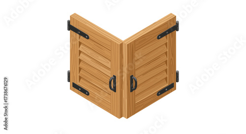 Rustic wooden barn doors with hinges in isometric view for architectural design