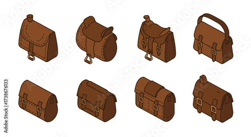 Isometric collection of vintage leather bags in brown tones