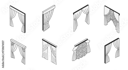 Set of isometric curtain designs featuring lace and drapes in monochrome style