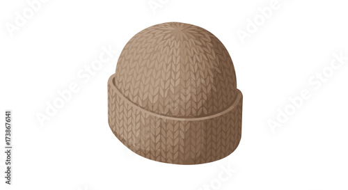 Isometric brown knitted beanie hat with textured pattern on white background
