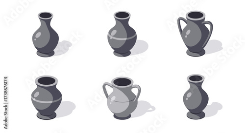 Set of six isometric ceramic vases with handles and shadows on white background