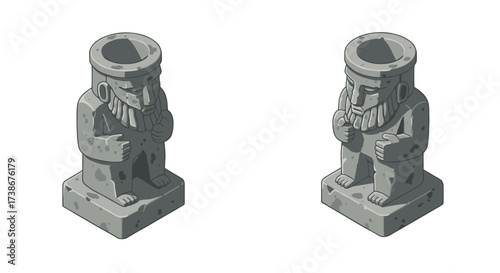 Ancient stone statue pair on white background in isometric style