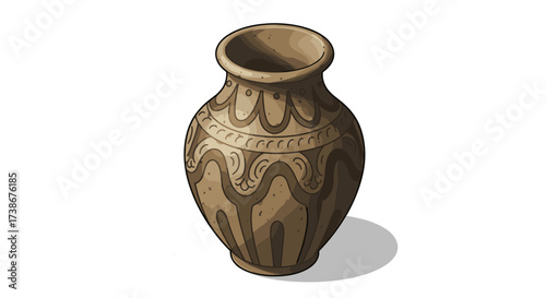 Ancient clay pot with ornate pattern and shadow on white background