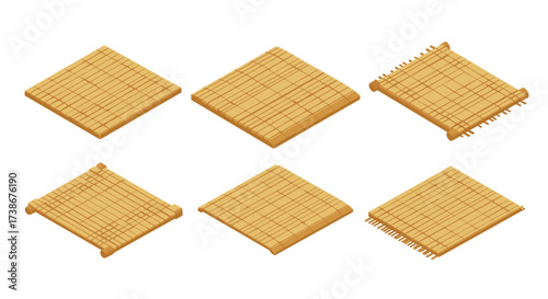 Isometric sushi rolling mats set in bamboo texture for kitchen design