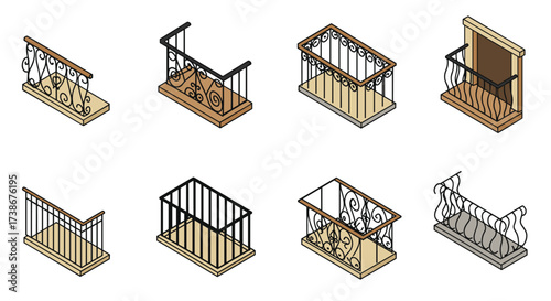 Isometric balcony railings collection: stylish wrought iron and wooden designs