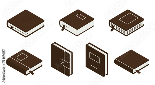 Isometric notebooks and journals set with brown covers and bookmark designs