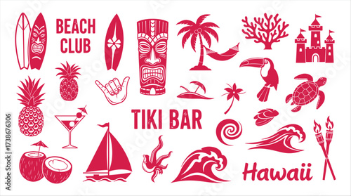 Tropical Tiki Bar and Beach Club Themed Icons with Hawaiian Elements surfboard tiki mask