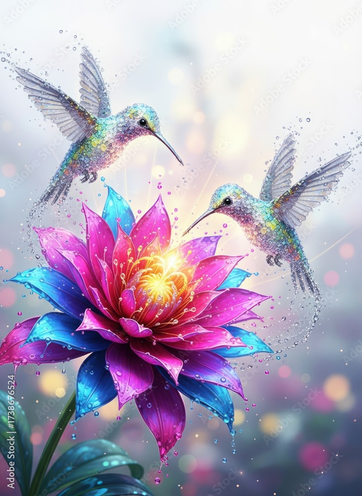 Fototapeta premium Two glittering hummingbirds hovering around a luminous flower in fantasy style.