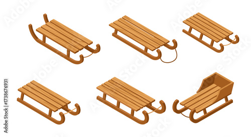 Isometric winter sled collection: classic wooden toboggans in various designs