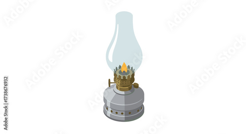 Vintage kerosene lantern with flame in detailed isometric design