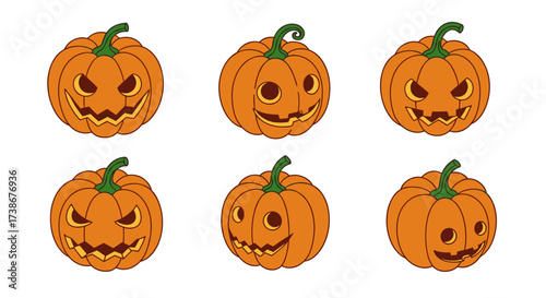 Collection of spooky cartoon pumpkins with mischievous expressions for halloween decor