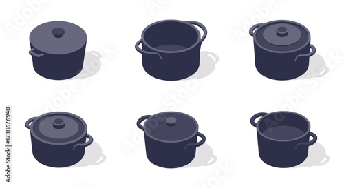 Isometric cooking pots set on white background
