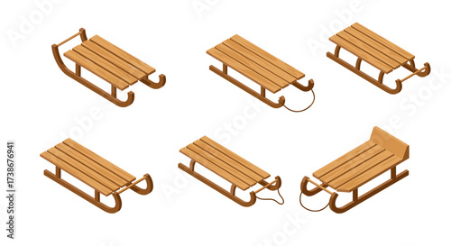 Collection of isometric wooden sleds in various styles and designs