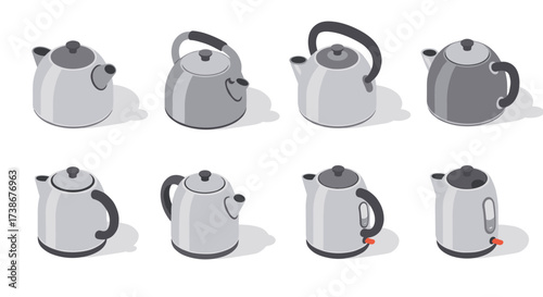 Set of isometric electric kettles in minimalistic design on white background