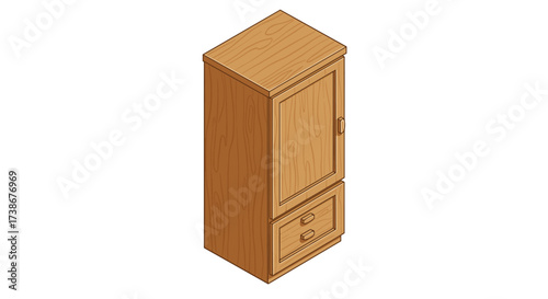 Isometric wooden cabinet with drawers and door in 3d perspective