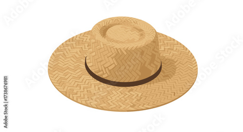 Realistic isometric straw hat with woven texture and brown band