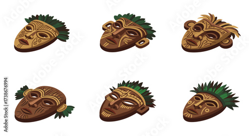 Collection of traditional african tribal masks with intricate patterns and natural colors