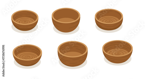 Simple isometric set of wooden bowls on white background
