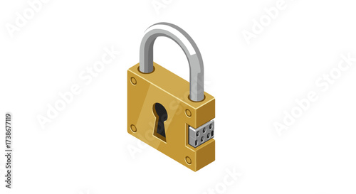 Secure gold padlock with silver shackle in isometric view for security concepts